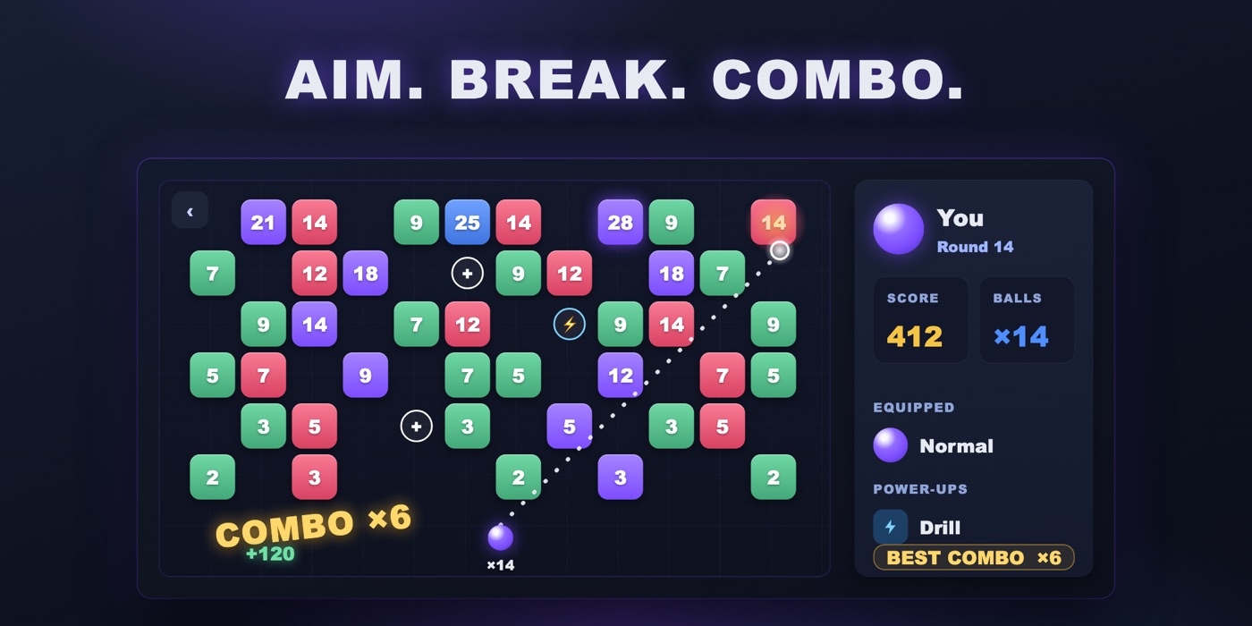 Chico Ball gameplay — aim, break bricks and build combos